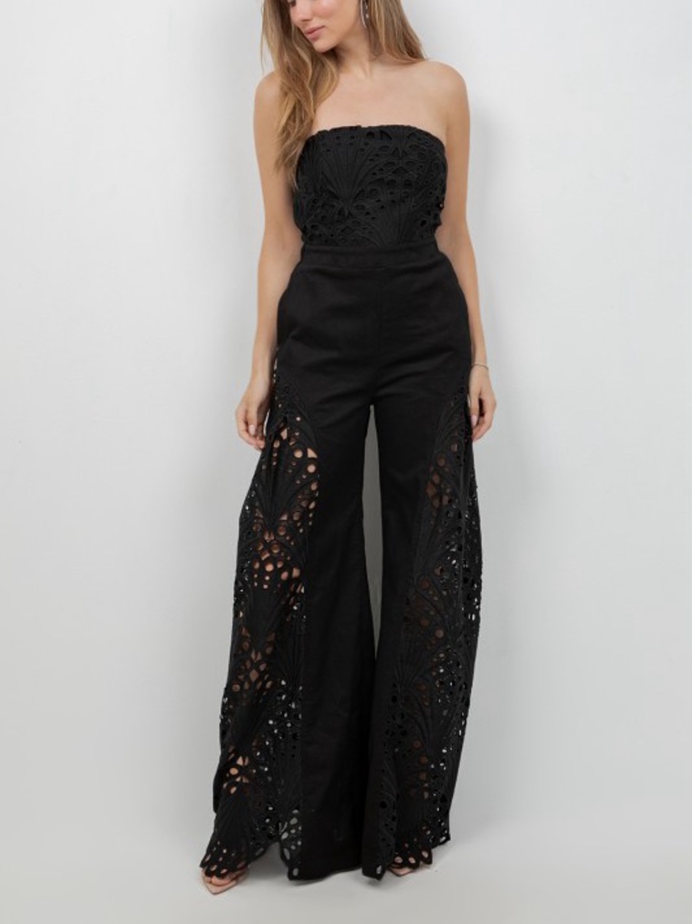 Strapless Black Crochet Wide-Leg Jumpsuit - Picture 8 of 12